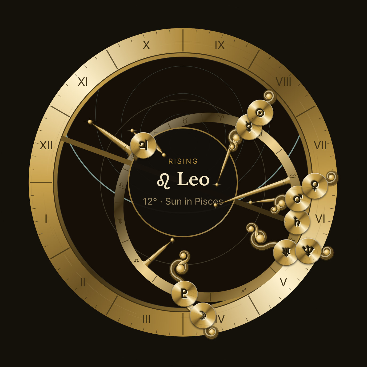 A birth chart drawn as a brass astrolabe, with Leo rising, the planets as brass studs on the rete, and the twelve houses numbered around the rim