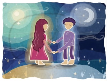 Gemini, illustrated in a batik style